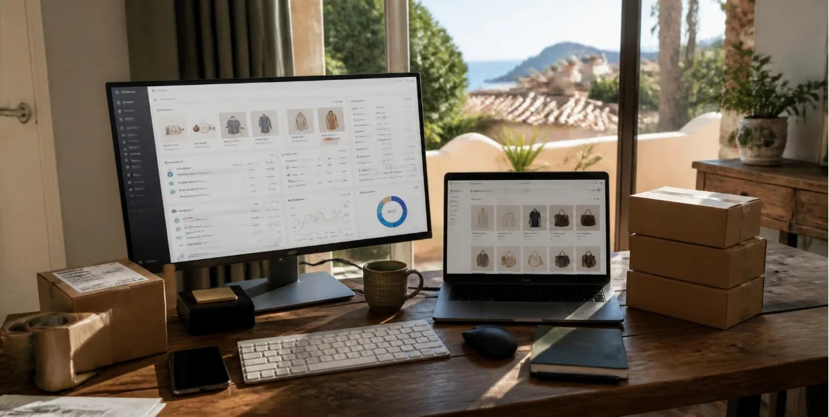 E-commerce management workspace overlooking the Costa Blanca in Spain