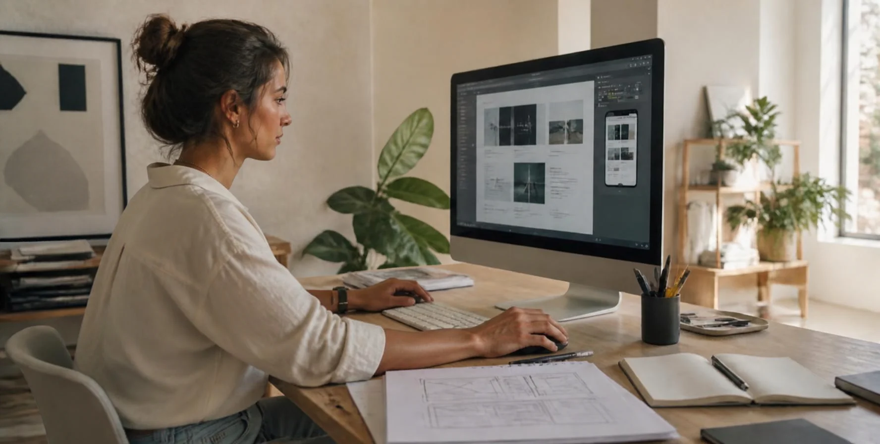Female web designer creating a responsive website in a Spanish design studio